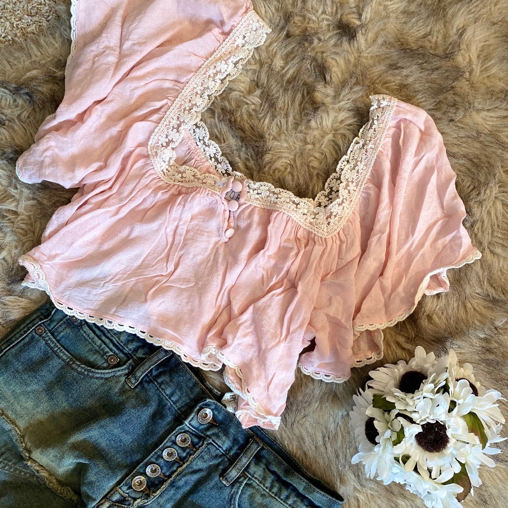 Pink Laced-Trim Flowy Top